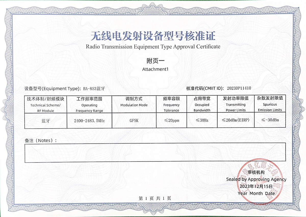 Radio Transmission Equipment Type Approval Certificate
